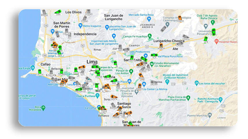Mapa de Lima con taxis corporativos en Lima de la app Moobiz