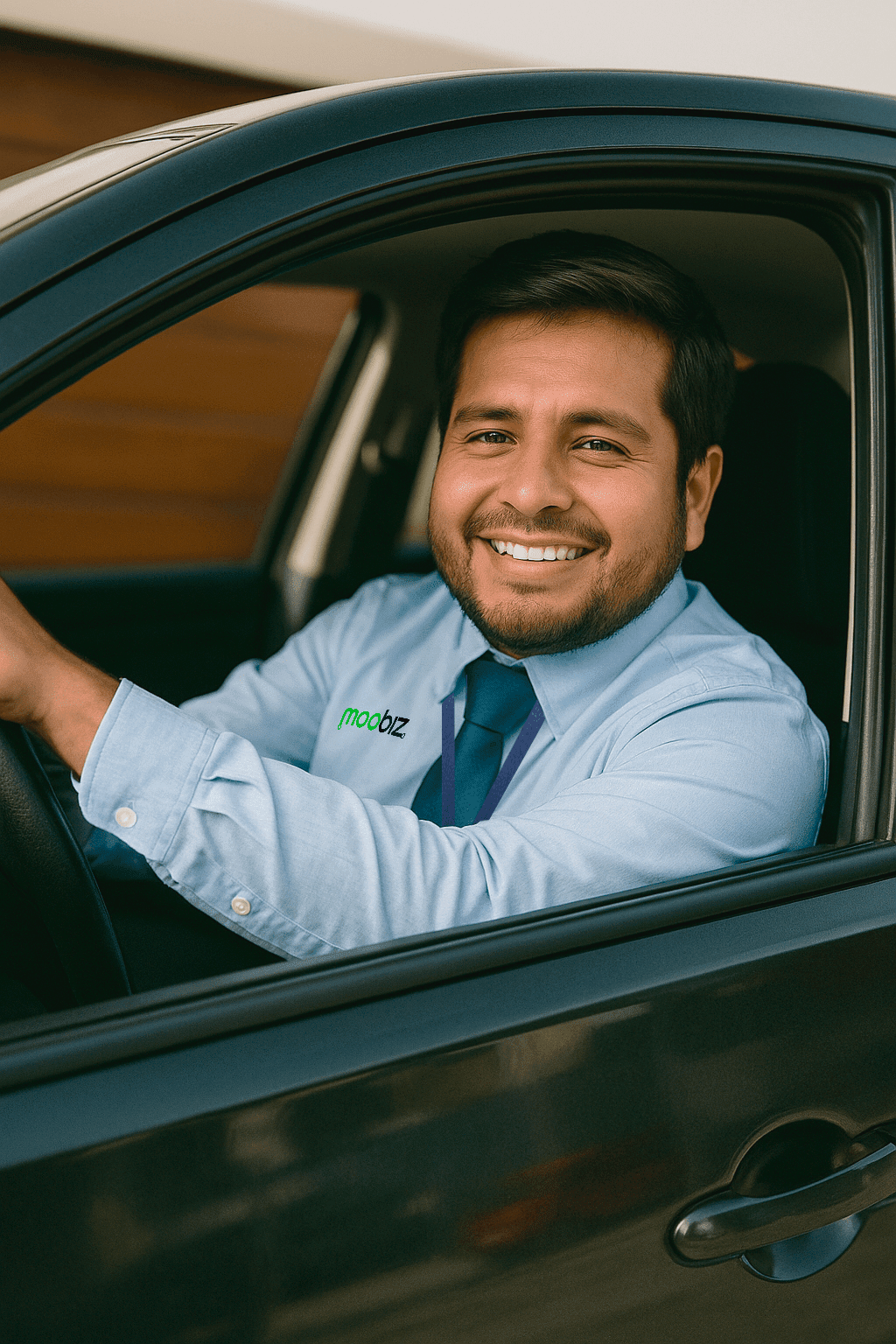 Conductor de Moobiz en auto negro con camisa, brindando servicio de taxi corporativo seguro para empresas en Perú